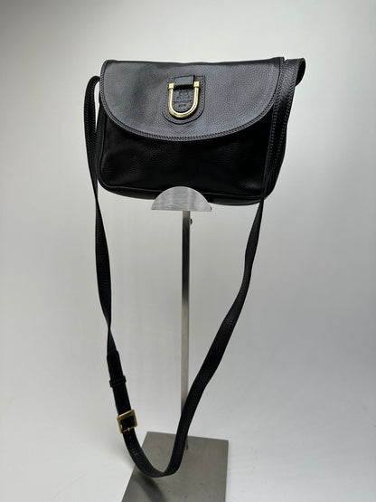 Vintage Courreges Paris Pebbled Leather Crossbody Flap Bag Black