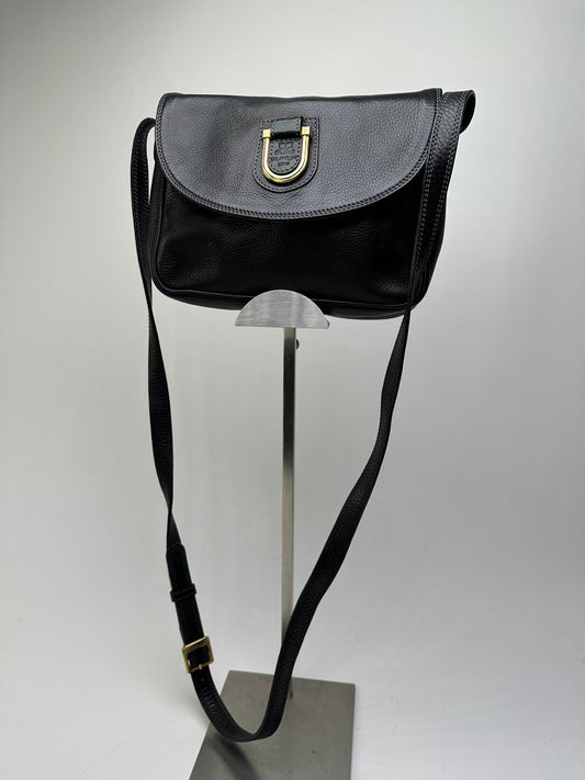 Vintage Courreges Paris Pebbled Leather Crossbody Flap Bag Black