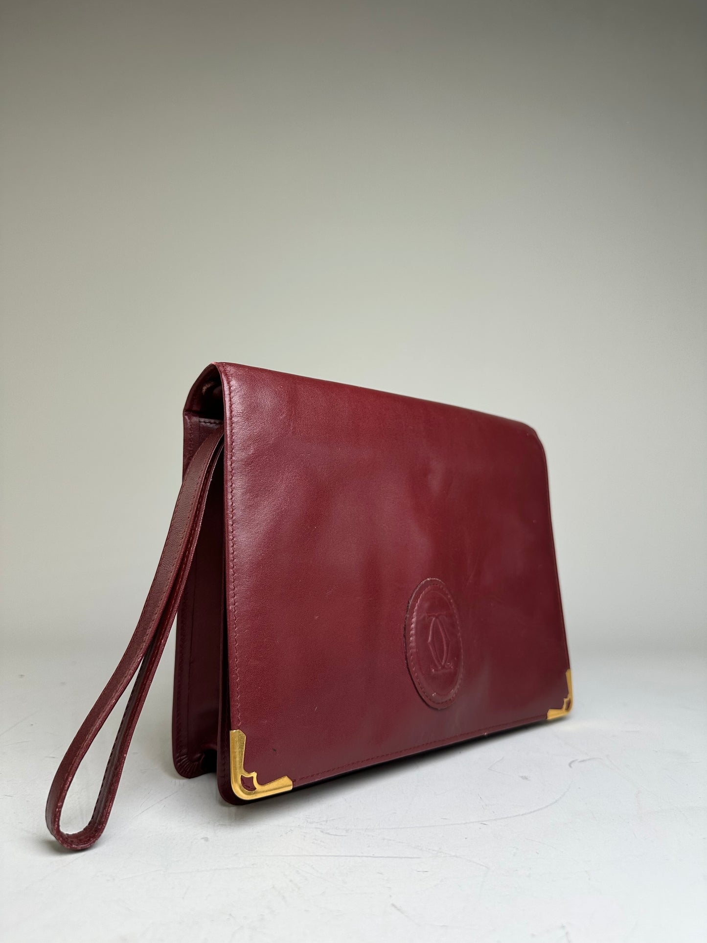 Vintage Cartier Leather Clutch Bag Burgundy Gold-tone