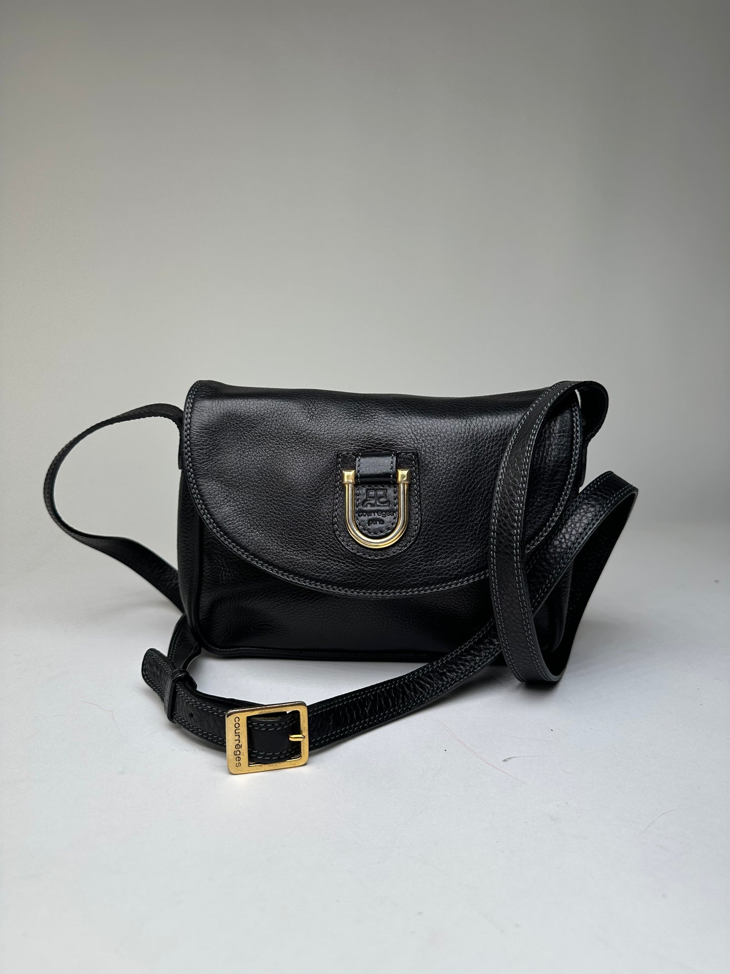 Vintage Courreges Paris Pebbled Leather Crossbody Flap Bag Black