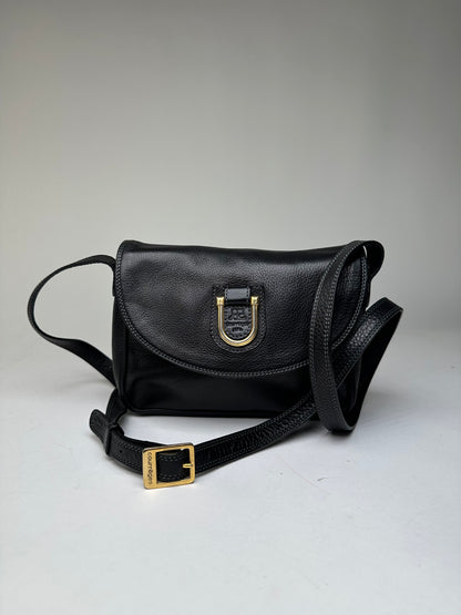 Vintage Courreges Paris Pebbled Leather Crossbody Flap Bag Black