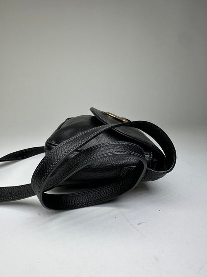 Vintage Courreges Paris Pebbled Leather Crossbody Flap Bag Black