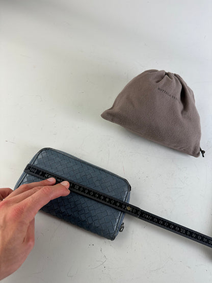 Vintage Bottega Veneta Woven Leather Zip Wallet Blue Silver