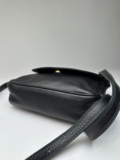 Vintage Courreges Paris Pebbled Leather Crossbody Flap Bag Black