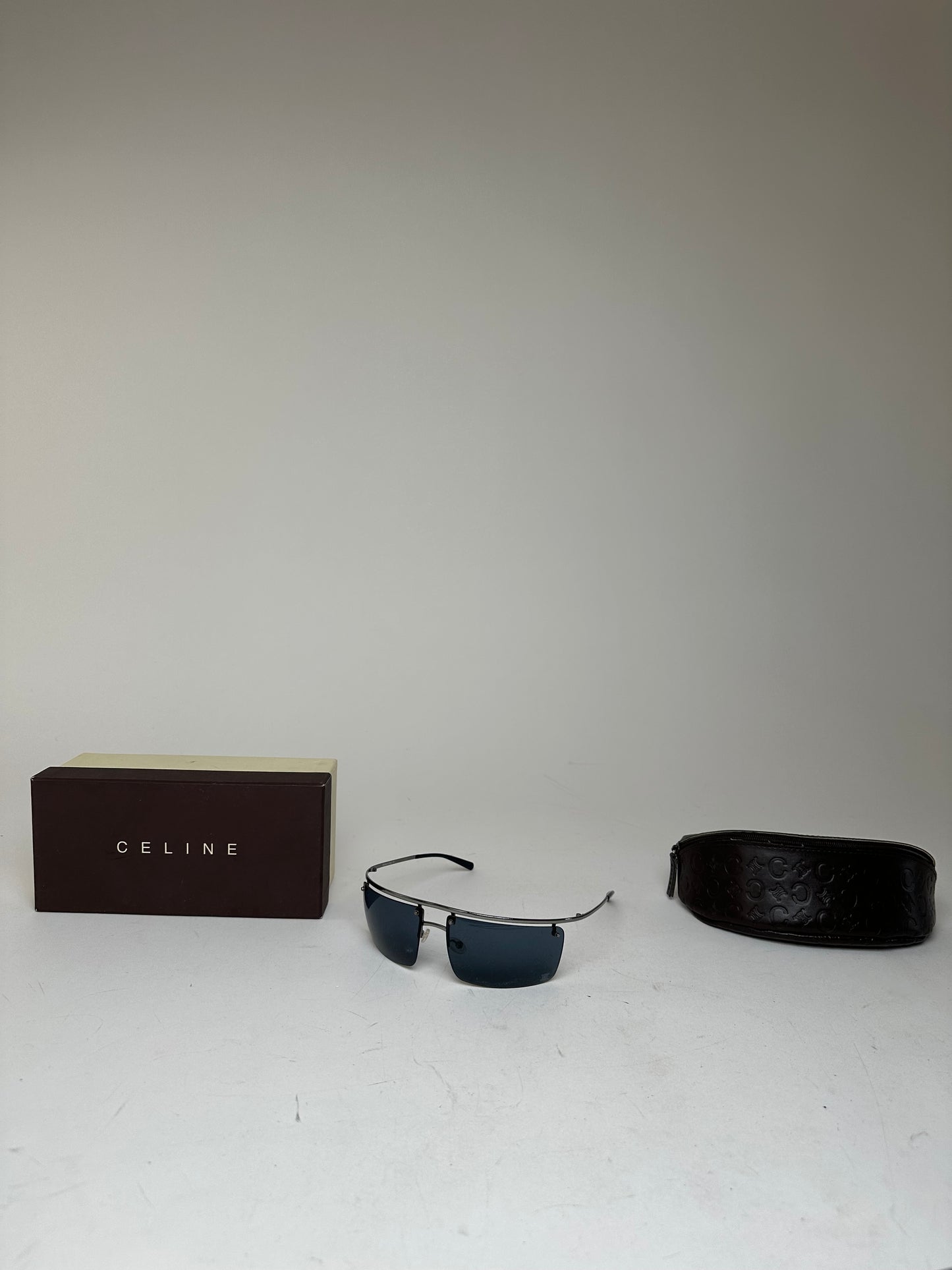 Vintage Celine Paris Rimless Sunglasses Silver Blue