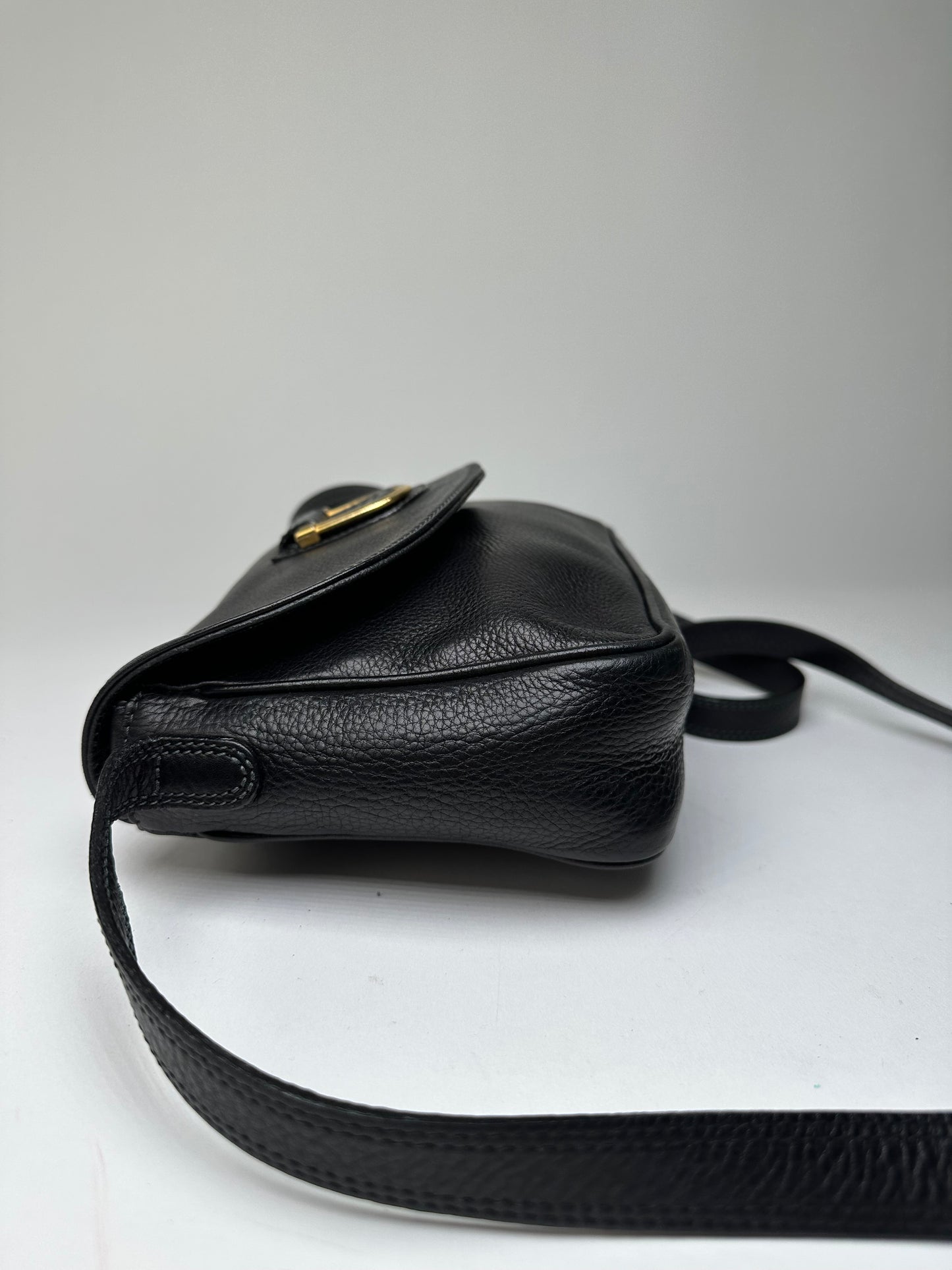 Vintage Courreges Paris Pebbled Leather Crossbody Flap Bag Black