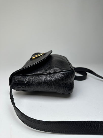 Vintage Courreges Paris Pebbled Leather Crossbody Flap Bag Black