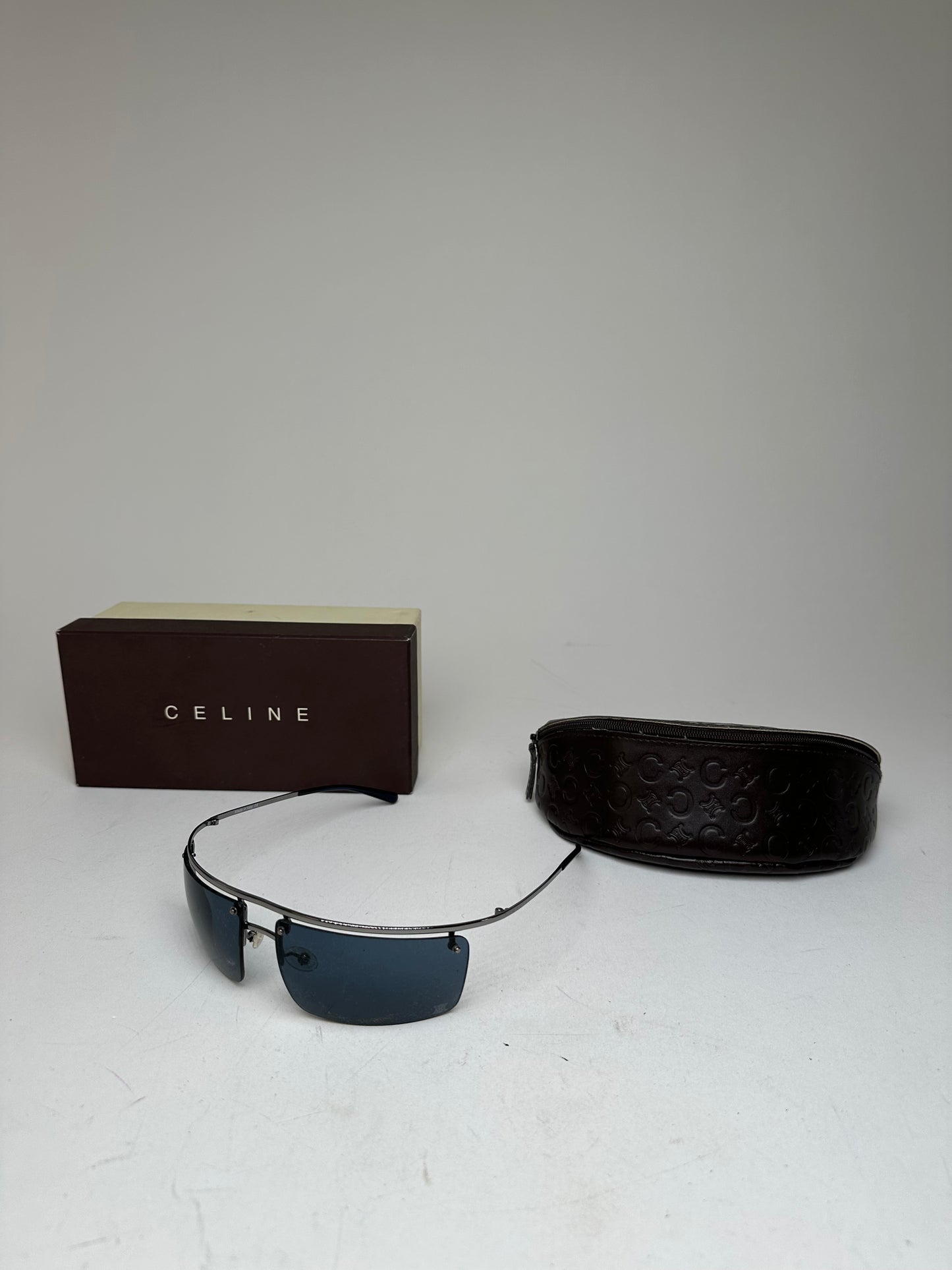 Vintage Celine Paris Rimless Sunglasses Silver Blue