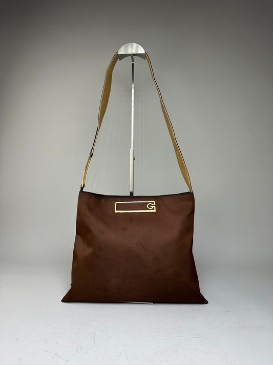 Vintage Givenchy Nylon Shoulder Bag Brown Olive Green Gold