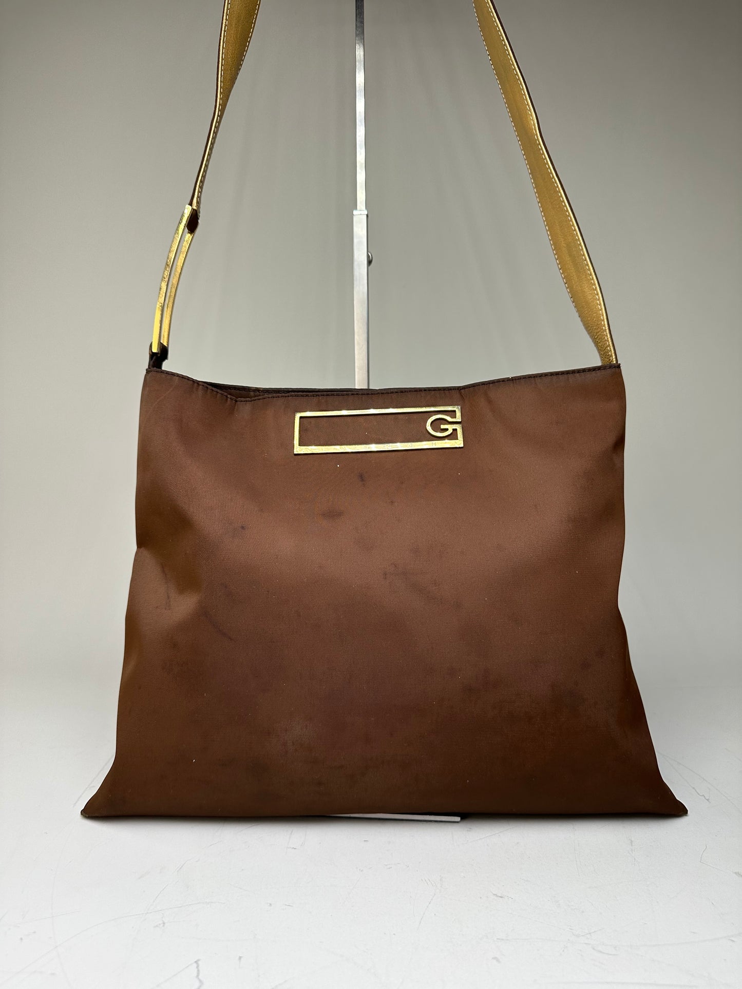 Vintage Givenchy Nylon Shoulder Bag Brown Olive Green Gold