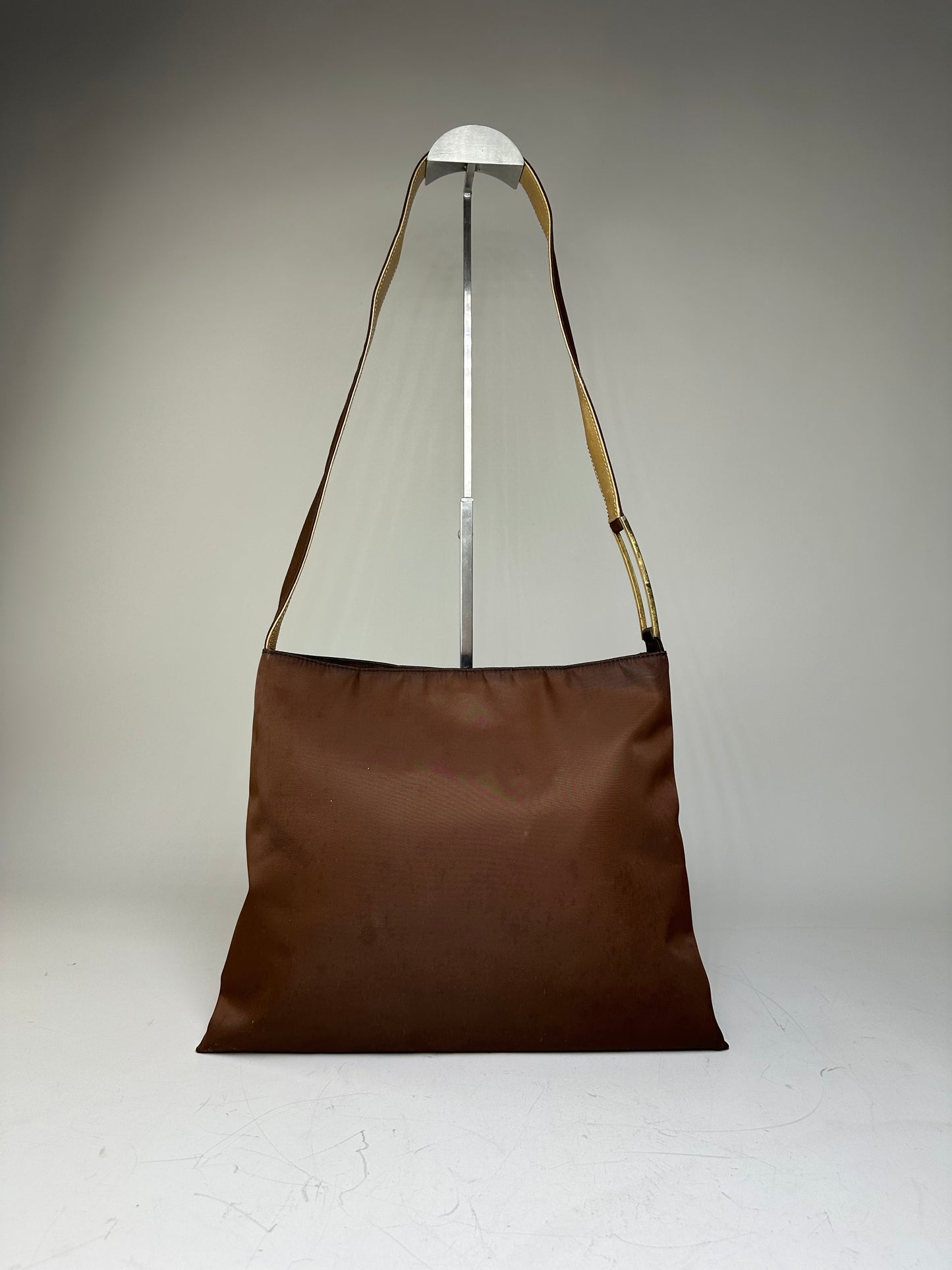 Vintage Givenchy Nylon Shoulder Bag Brown Olive Green Gold