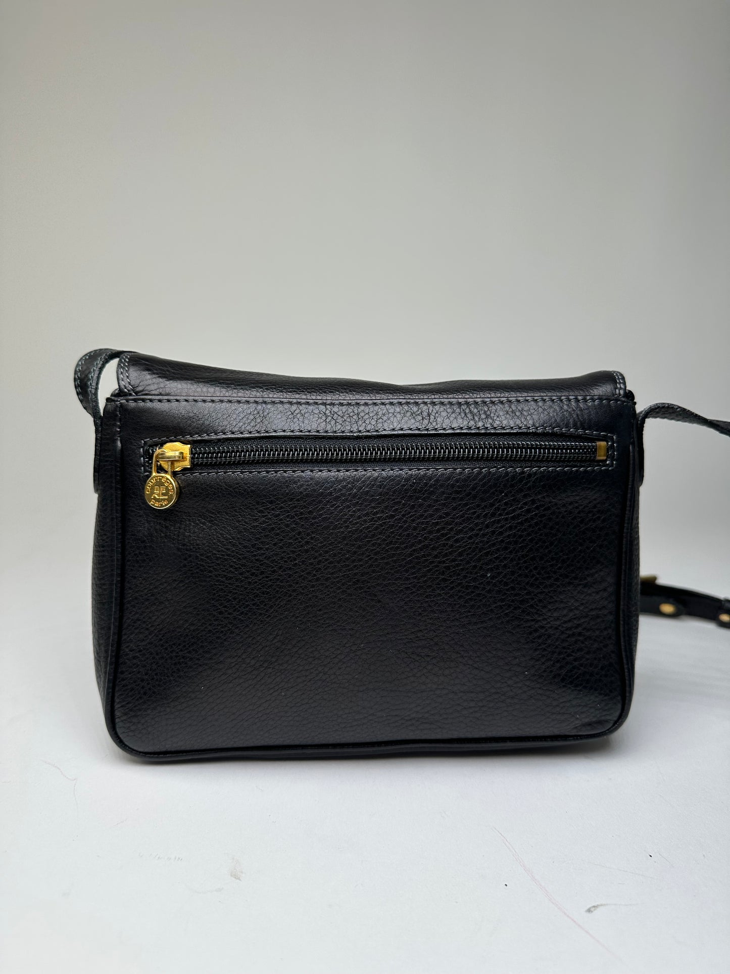 Vintage Courreges Paris Pebbled Leather Crossbody Flap Bag Black
