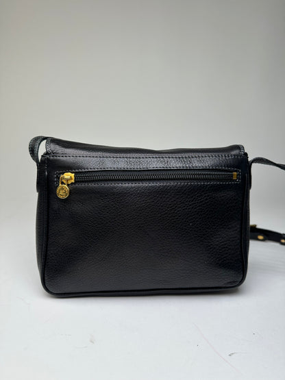 Vintage Courreges Paris Pebbled Leather Crossbody Flap Bag Black