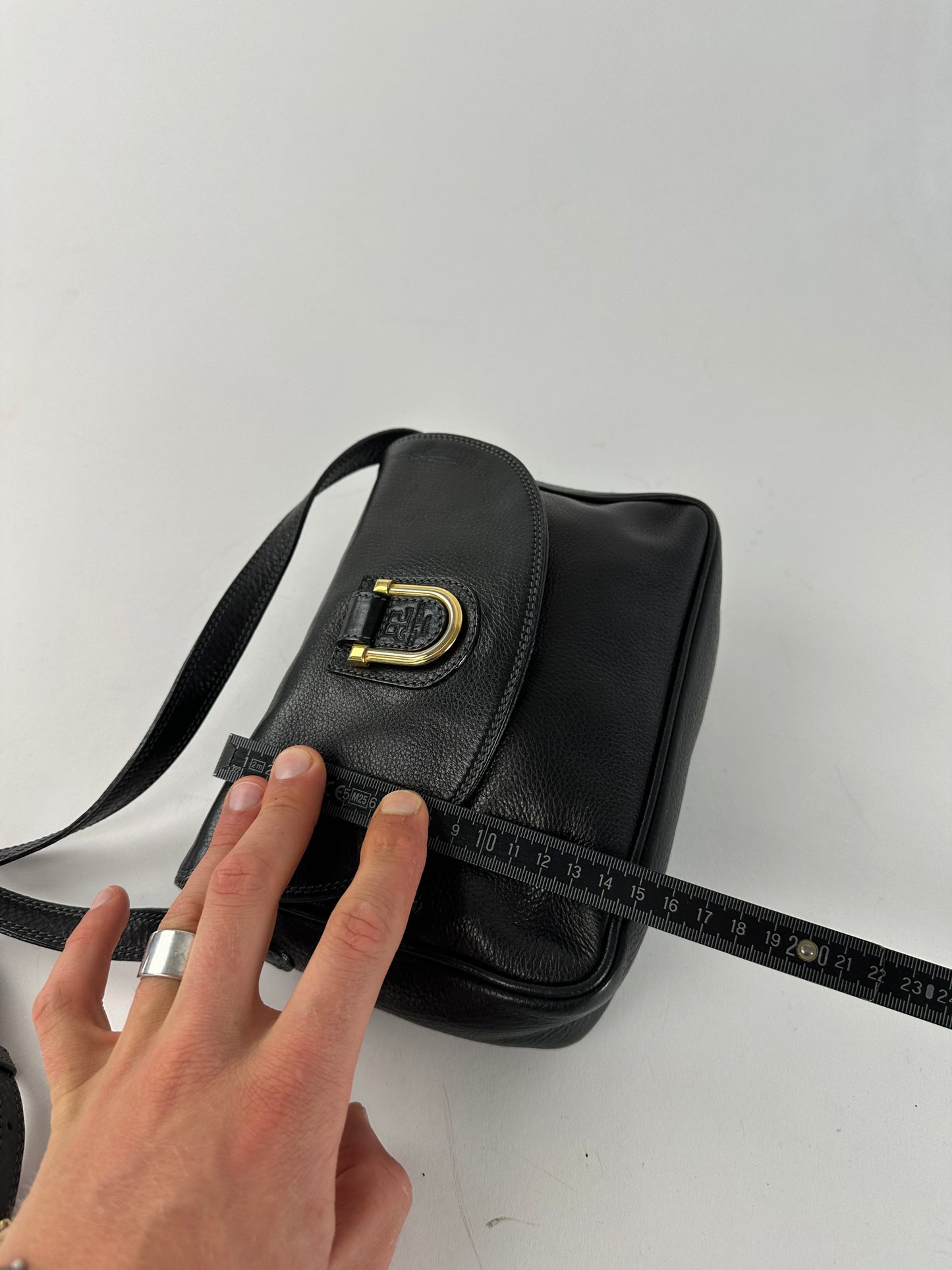 Vintage Courreges Paris Pebbled Leather Crossbody Flap Bag Black