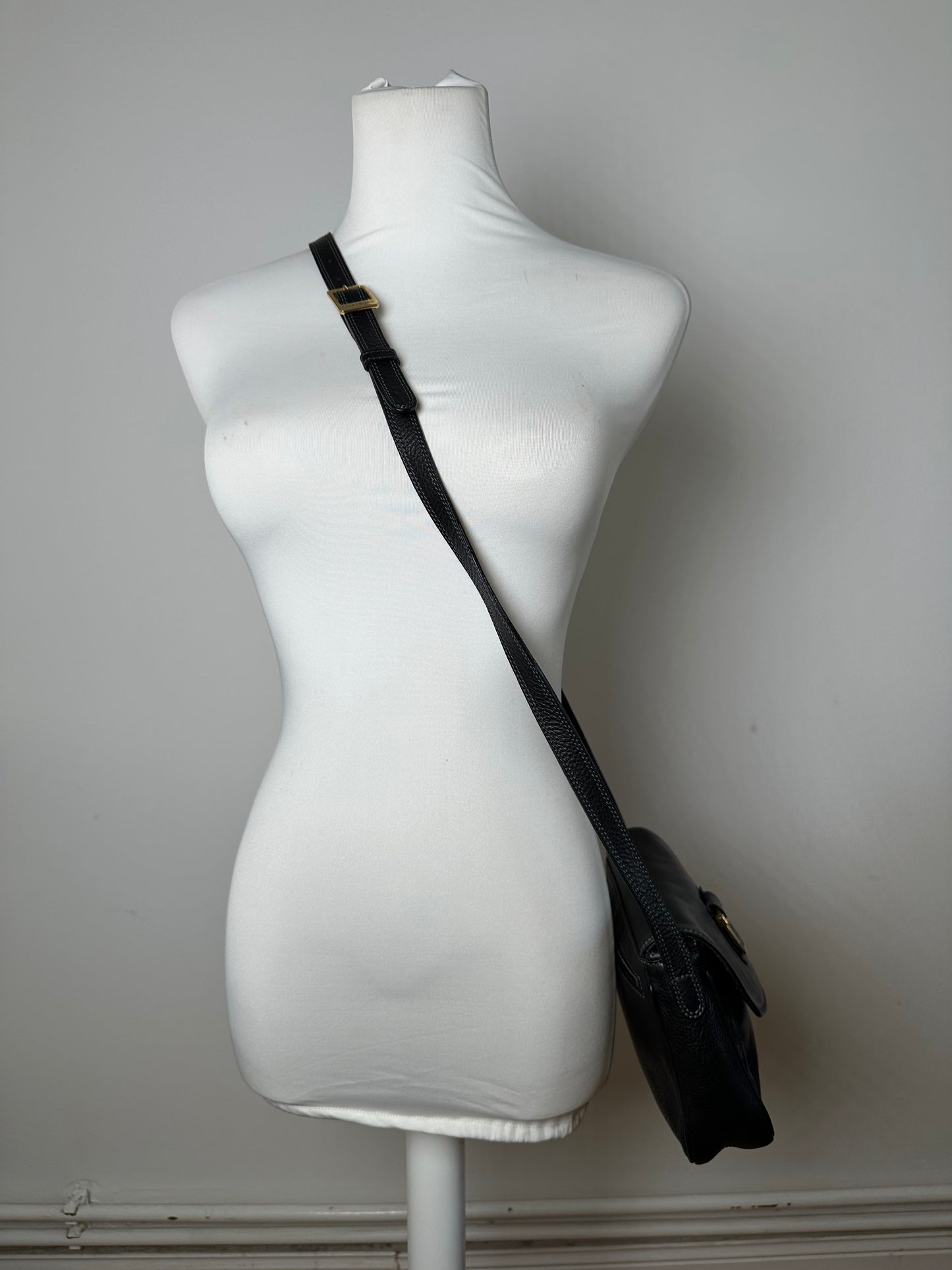 Vintage Courreges Paris Pebbled Leather Crossbody Flap Bag Black
