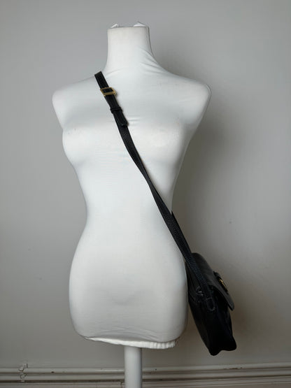 Vintage Courreges Paris Pebbled Leather Crossbody Flap Bag Black