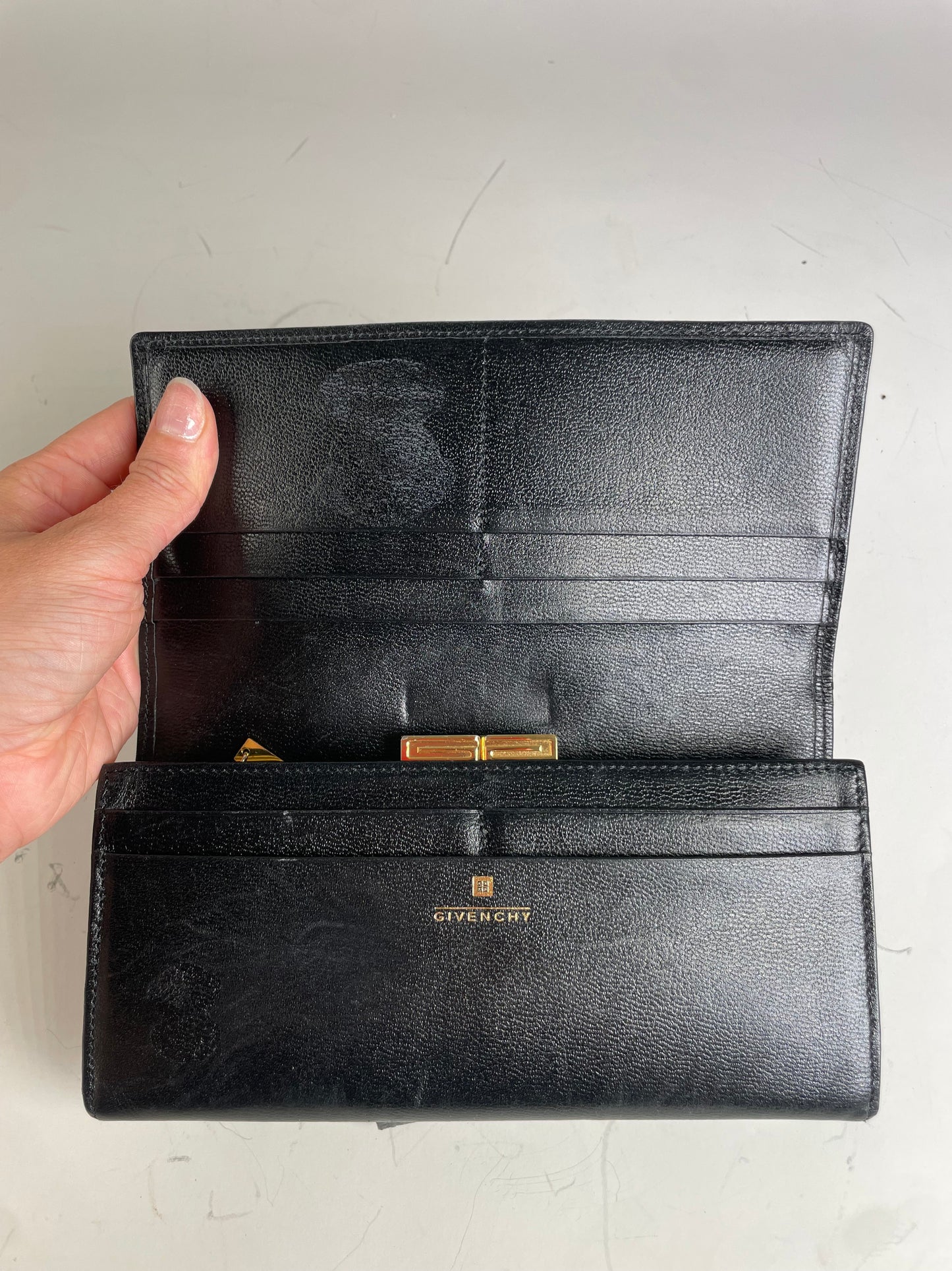 Vintage Givenchy Leather Wallet Black Gold Clasp