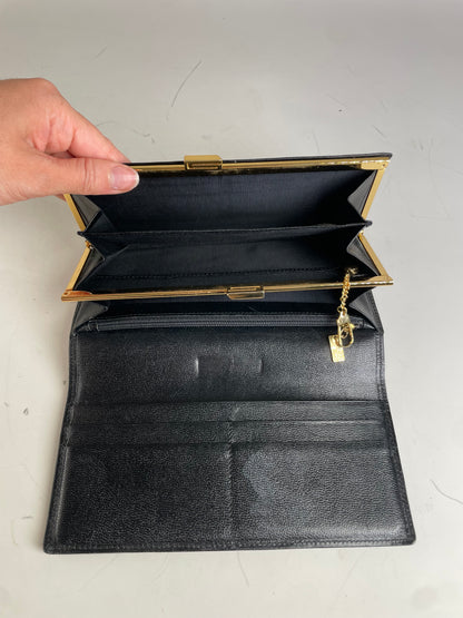 Vintage Givenchy Leather Wallet Black Gold Clasp