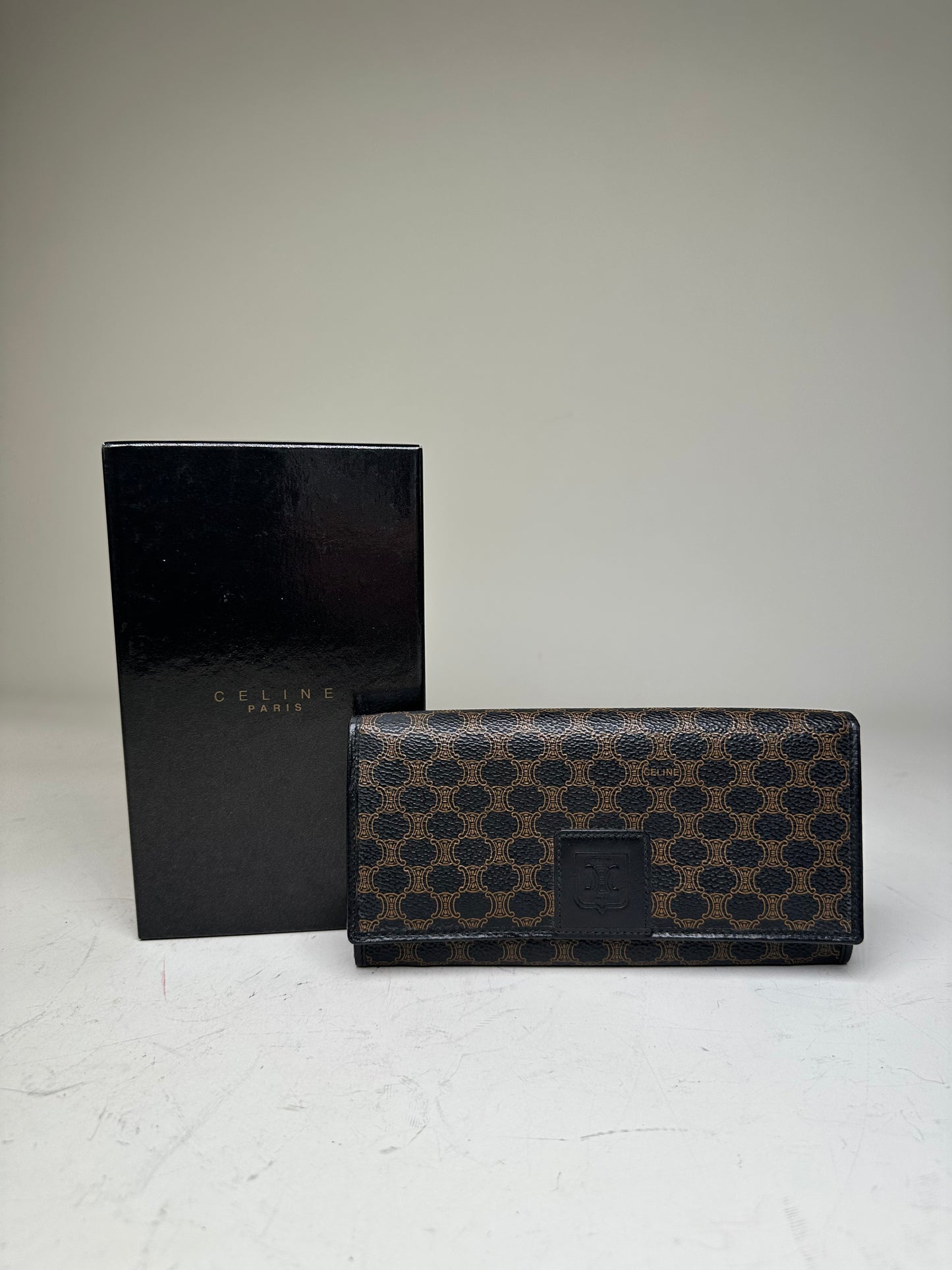 Vintage Celine Monogram Canvas Wallet Black Brown Gold