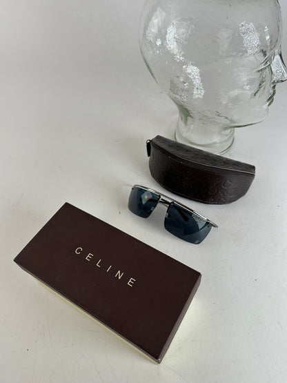 Vintage Celine Paris Rimless Sunglasses Silver Blue