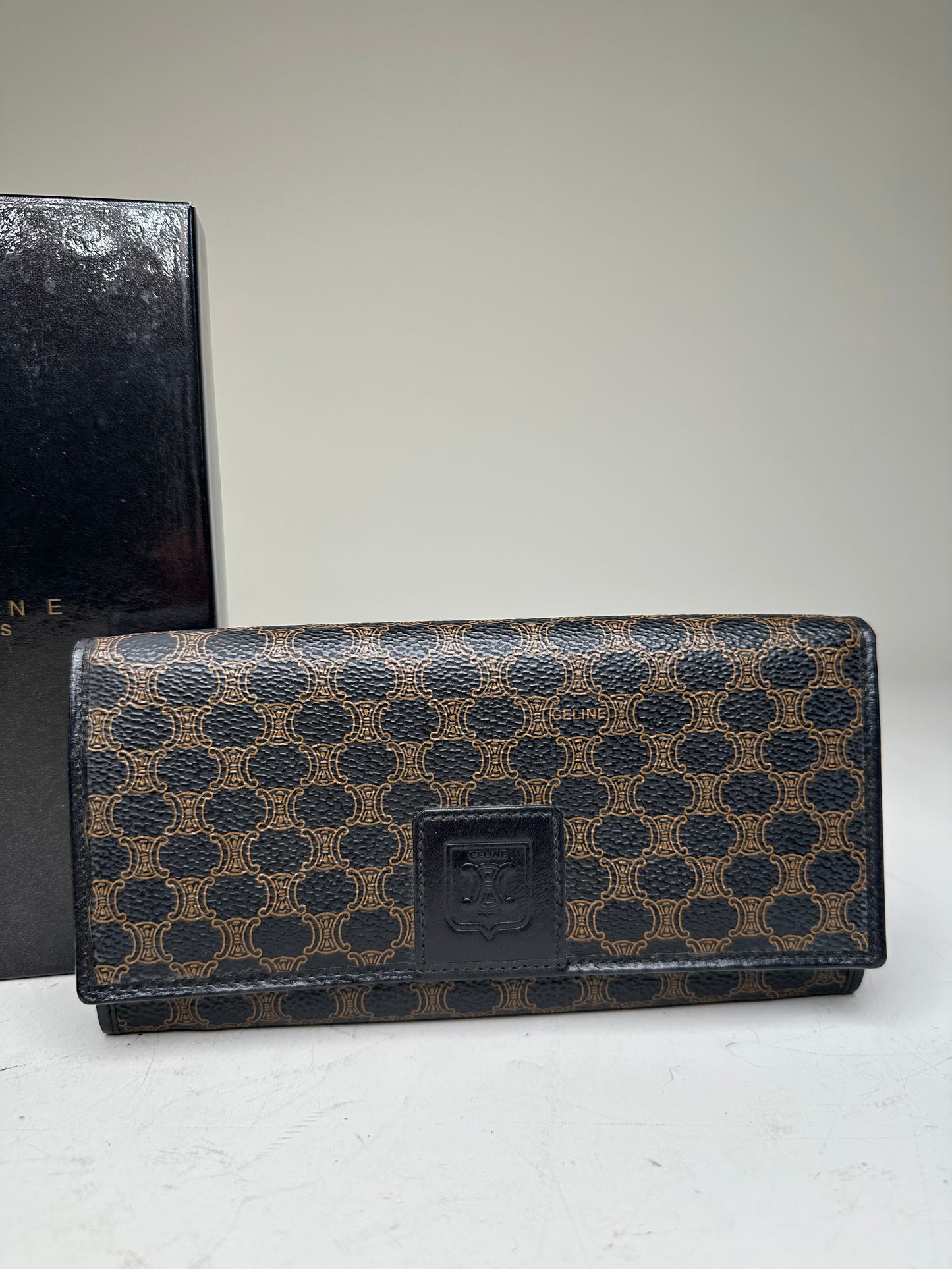 Vintage Celine Monogram Canvas Wallet Black Brown Gold