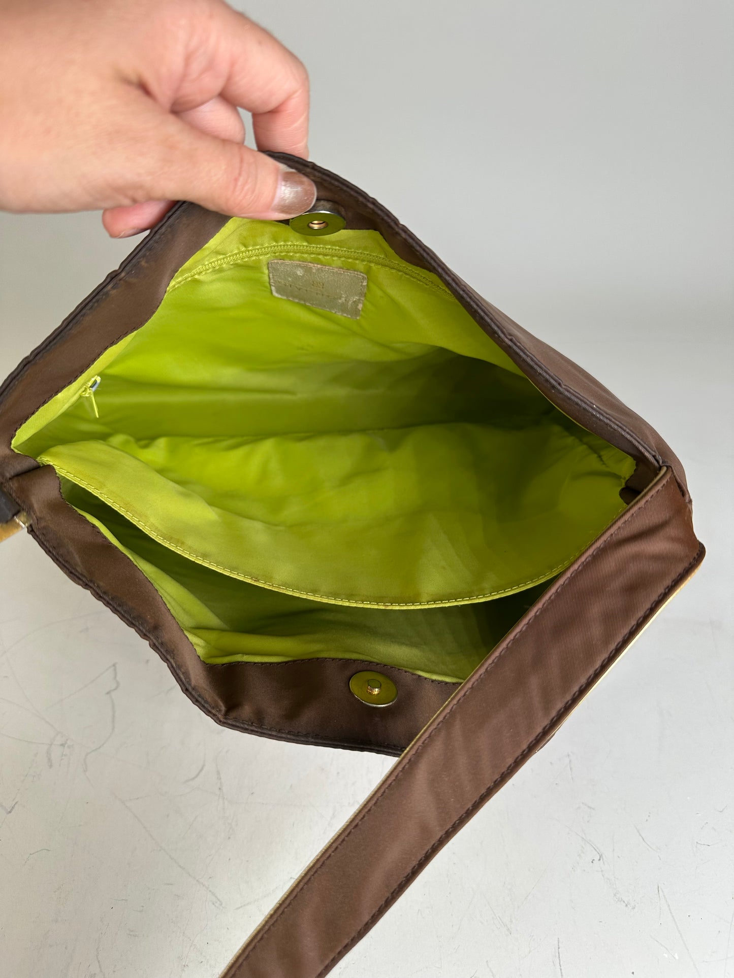 Vintage Givenchy Nylon Shoulder Bag Brown Olive Green Gold
