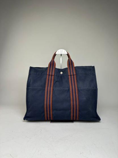 Vintage Hermes Cotton Tote Navy Rust Silver Snap