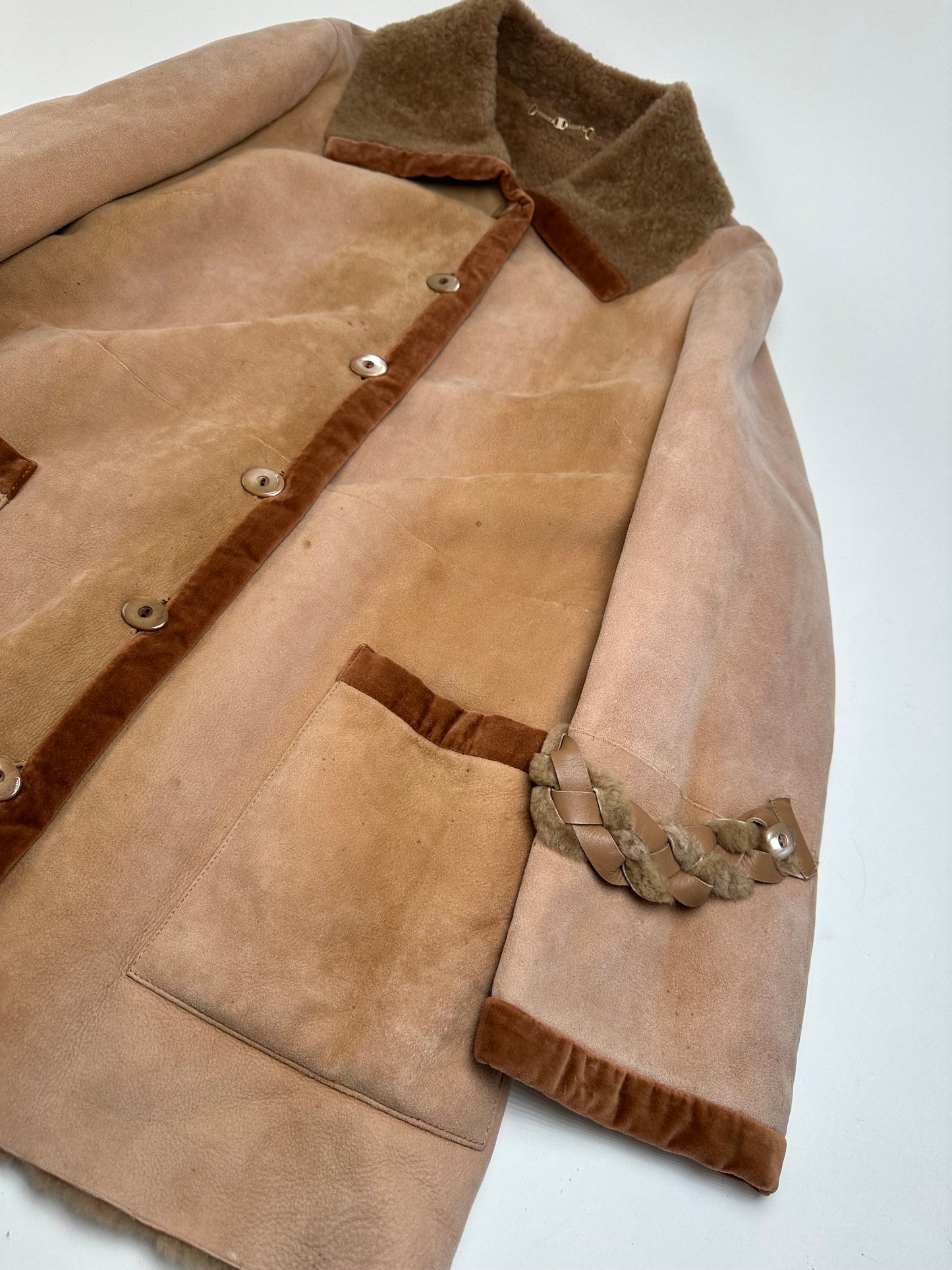 Vintage Salvatore Ferragamo Nubuk Leather Wool Coat M Brown