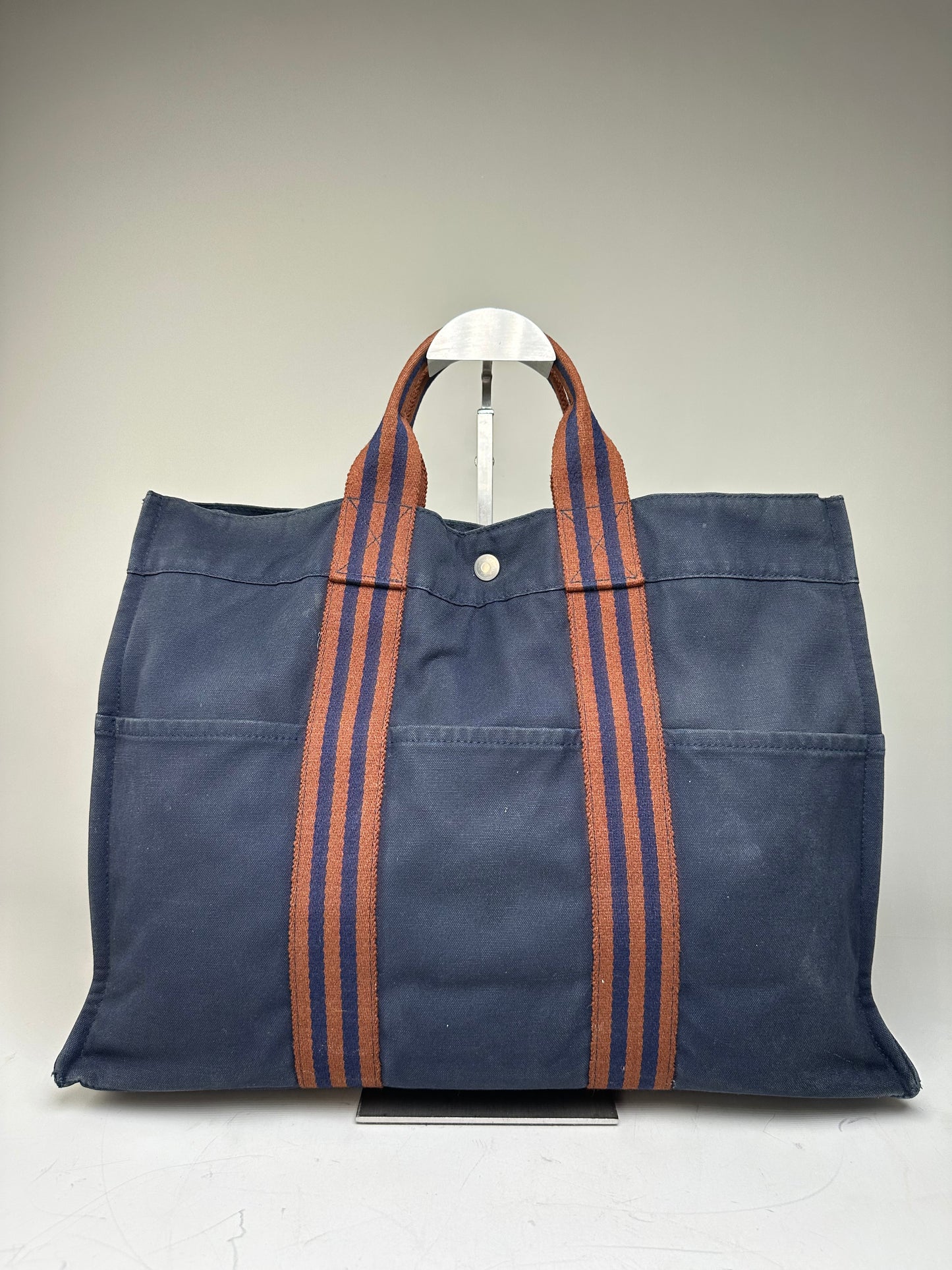 Vintage Hermes Cotton Tote Navy Rust Silver Snap