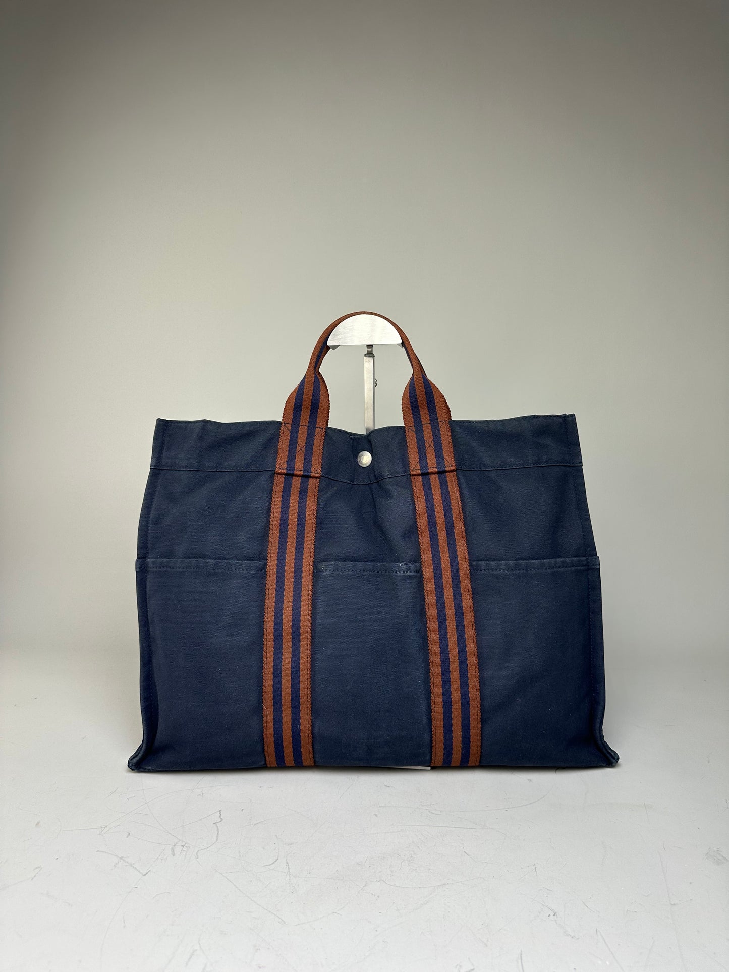 Vintage Hermes Cotton Tote Navy Rust Silver Snap