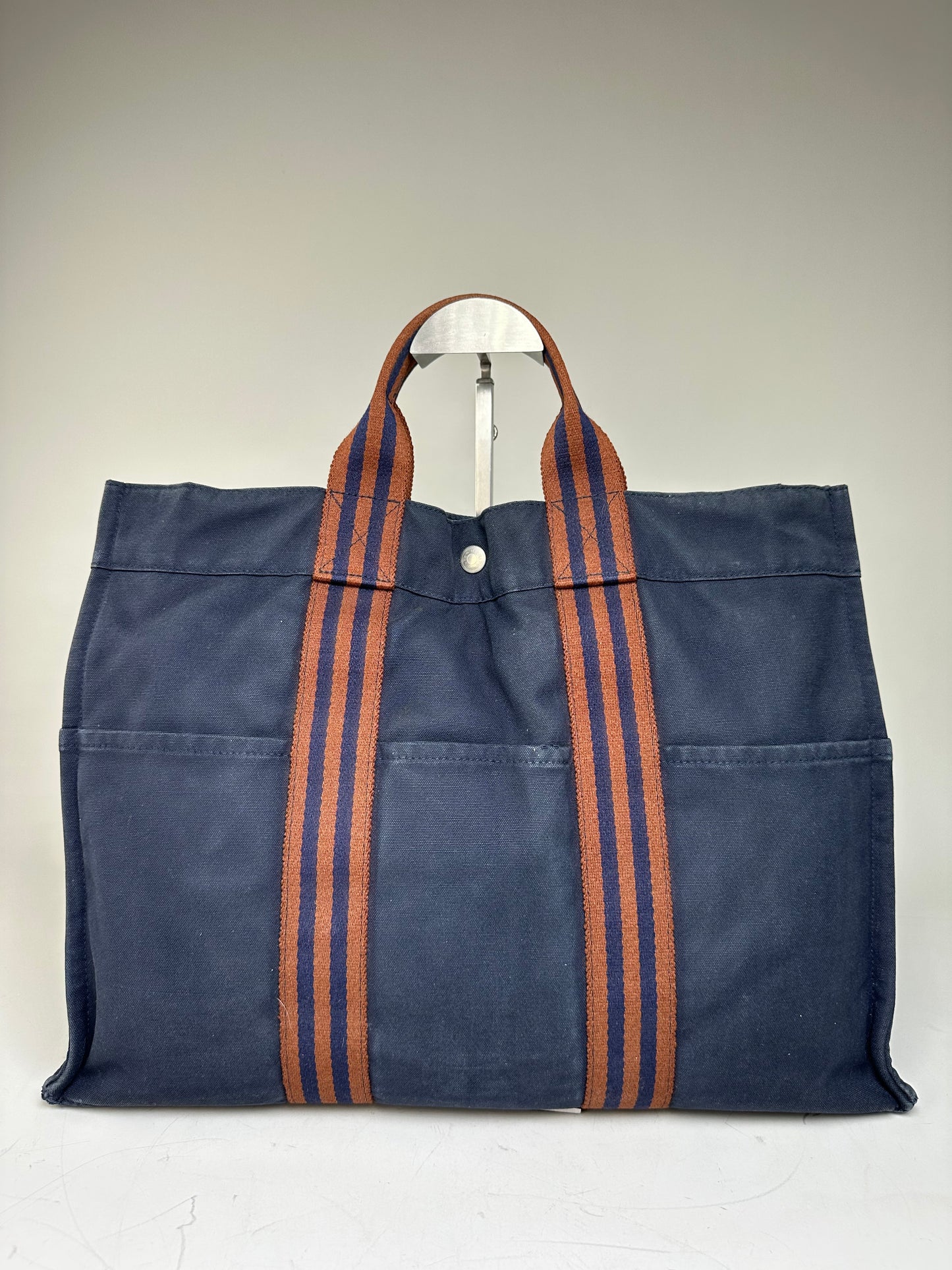 Vintage Hermes Cotton Tote Navy Rust Silver Snap