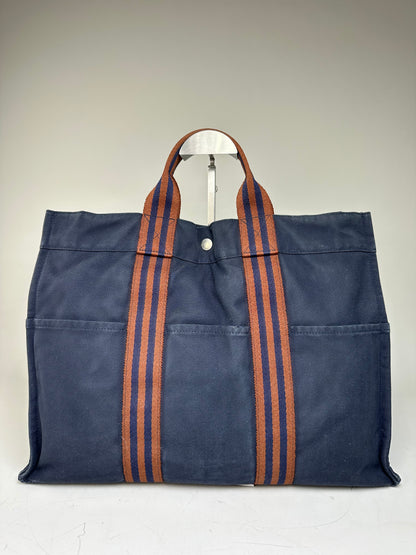 Vintage Hermes Cotton Tote Navy Rust Silver Snap