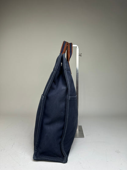 Vintage Hermes Cotton Tote Navy Rust Silver Snap
