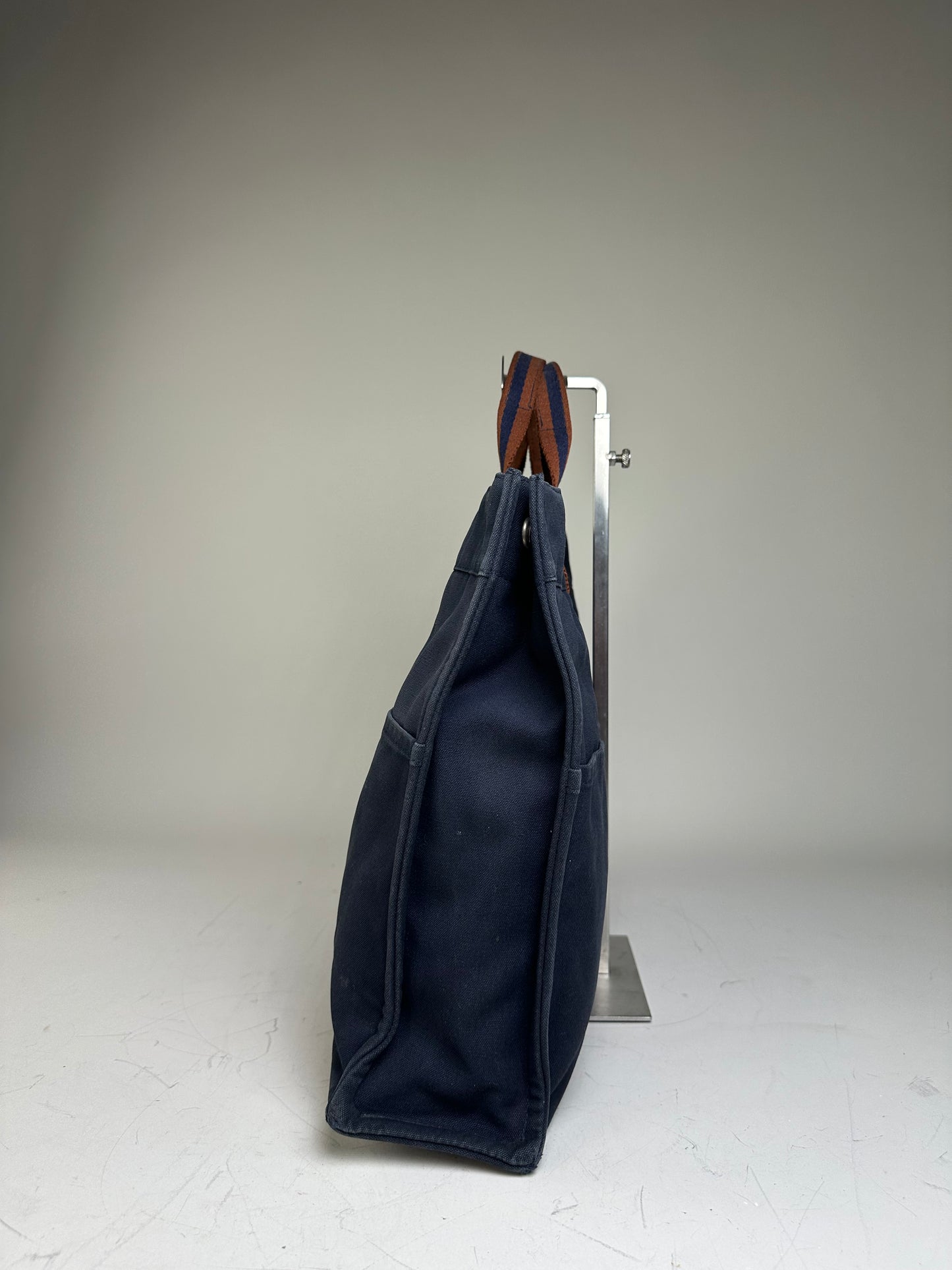 Vintage Hermes Cotton Tote Navy Rust Silver Snap