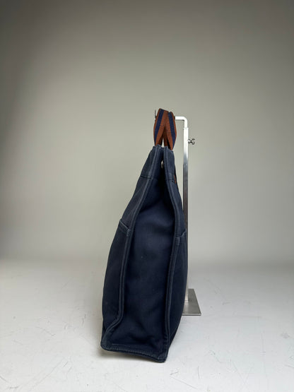Vintage Hermes Cotton Tote Navy Rust Silver Snap