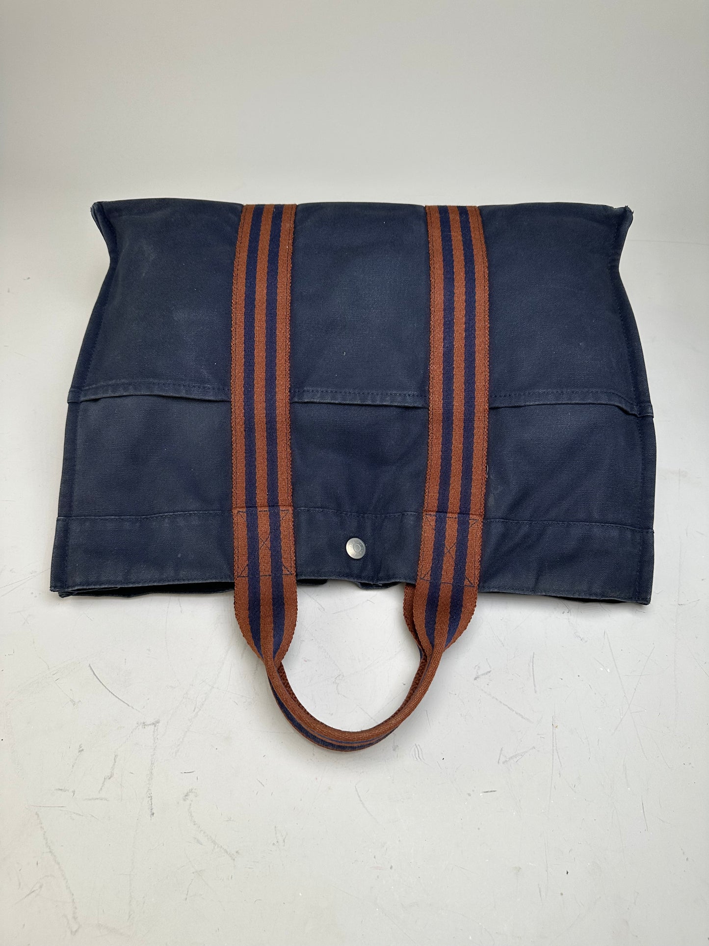 Vintage Hermes Cotton Tote Navy Rust Silver Snap