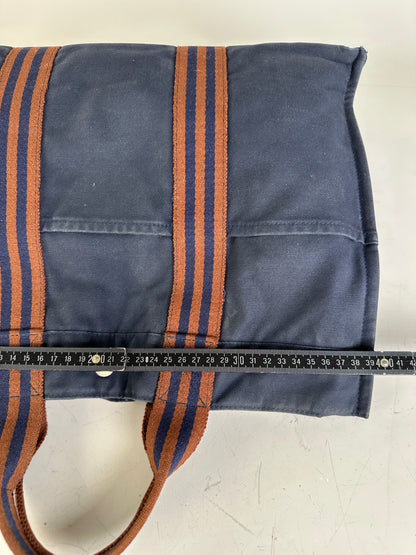 Vintage Hermes Cotton Tote Navy Rust Silver Snap