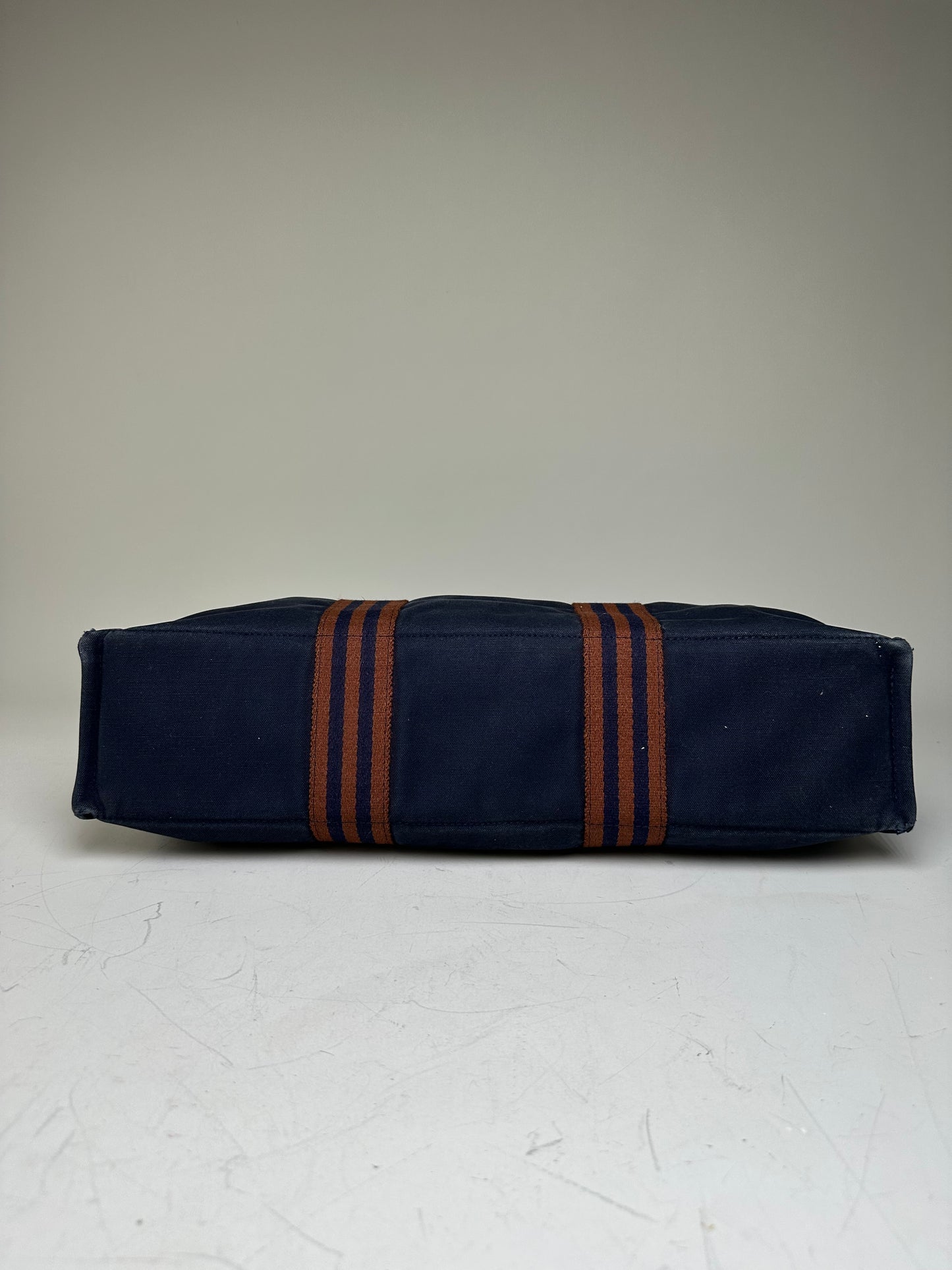 Vintage Hermes Cotton Tote Navy Rust Silver Snap