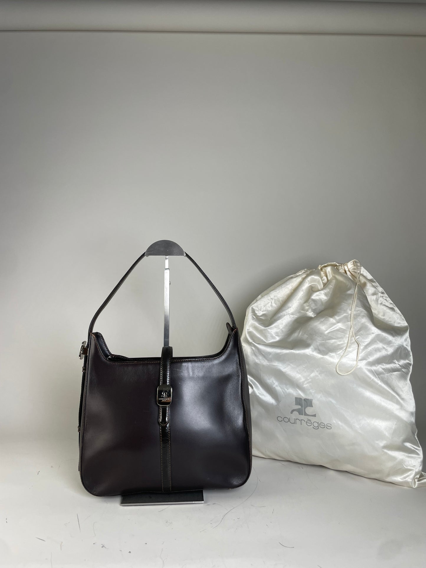 Vintage Courreges Leather Shoulder Bag Dark Brown Silver Buckle