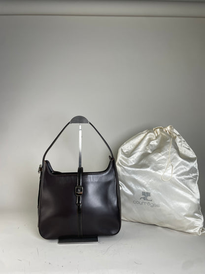 Vintage Courreges Leather Shoulder Bag Dark Brown Silver Buckle