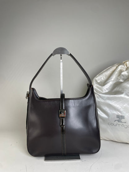 Vintage Courreges Leather Shoulder Bag Dark Brown Silver Buckle