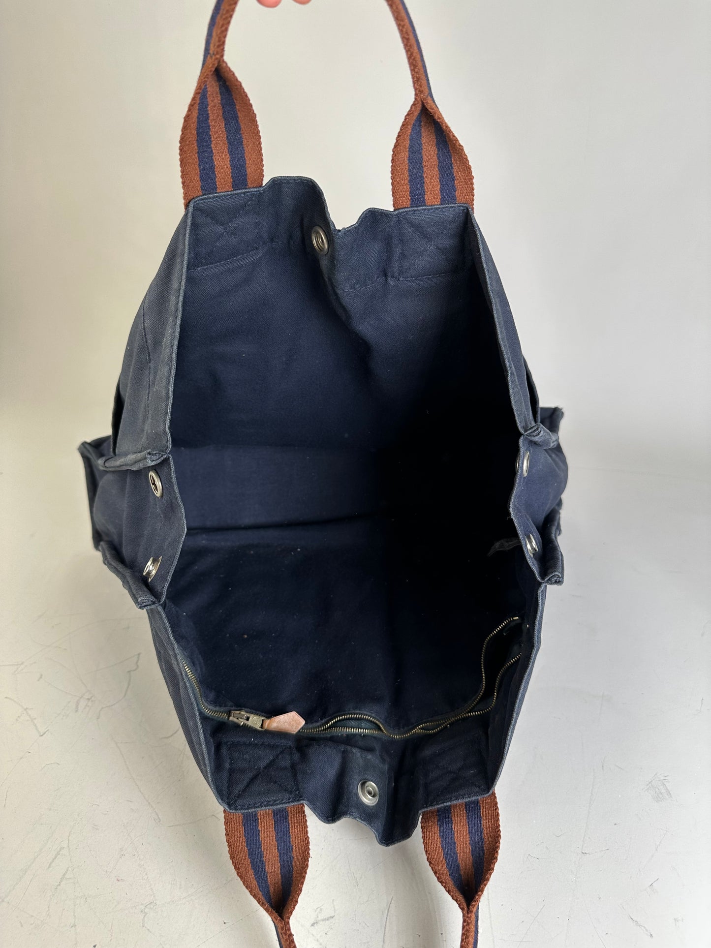 Vintage Hermes Cotton Tote Navy Rust Silver Snap