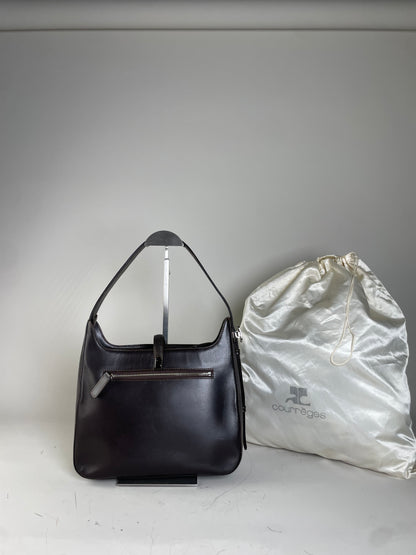 Vintage Courreges Leather Shoulder Bag Dark Brown Silver Buckle