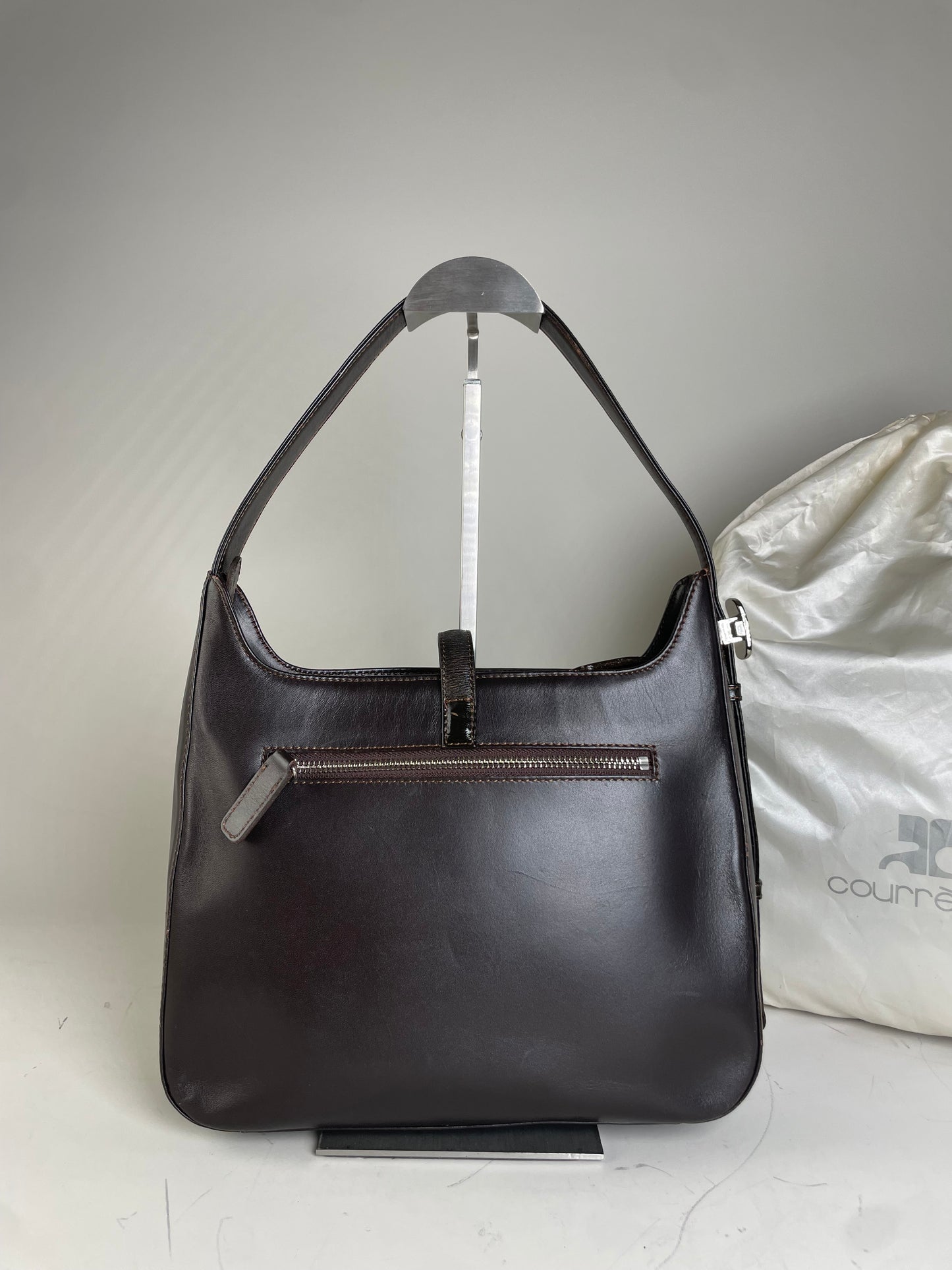 Vintage Courreges Leather Shoulder Bag Dark Brown Silver Buckle