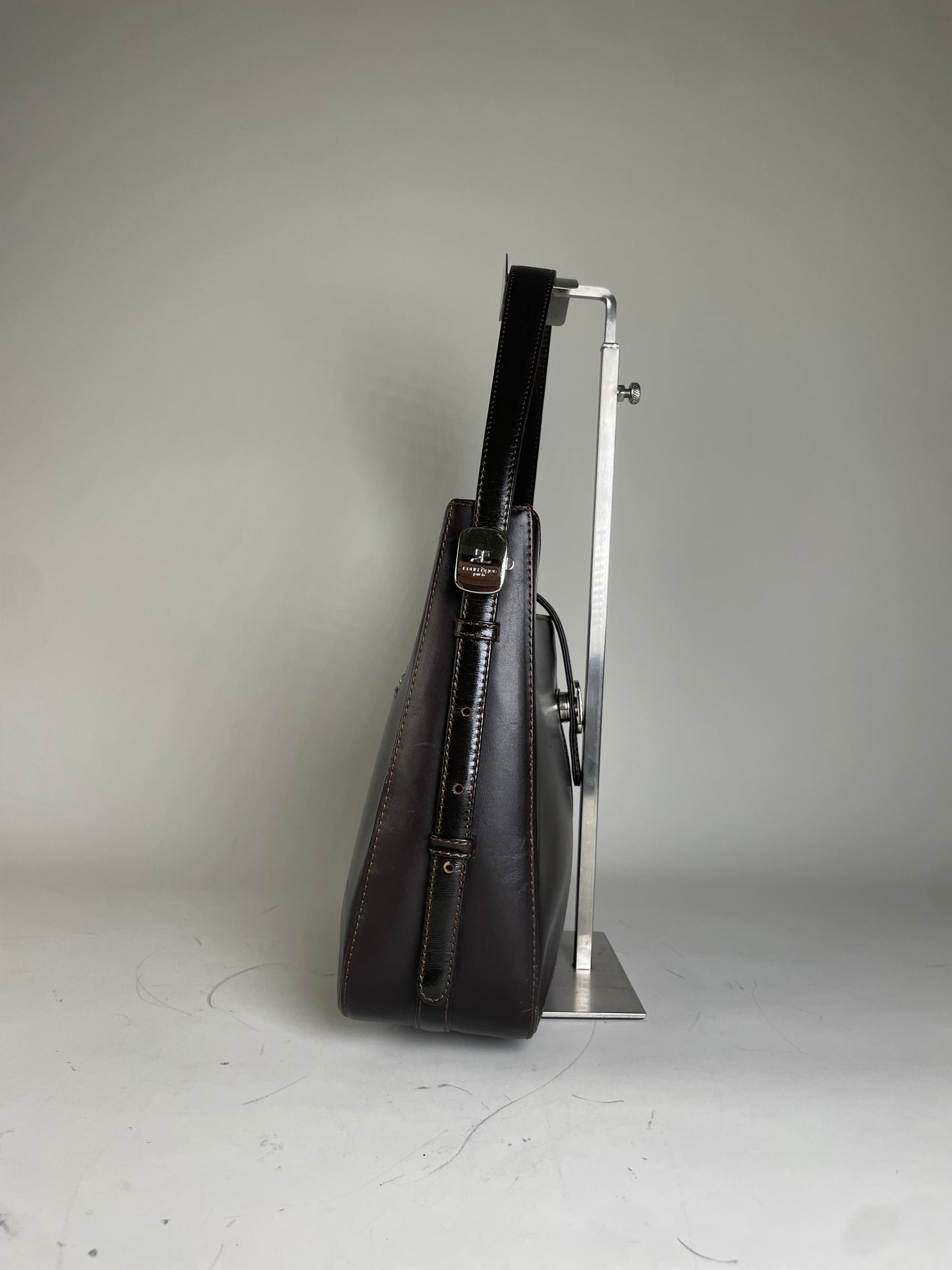 Vintage Courreges Leather Shoulder Bag Dark Brown Silver Buckle