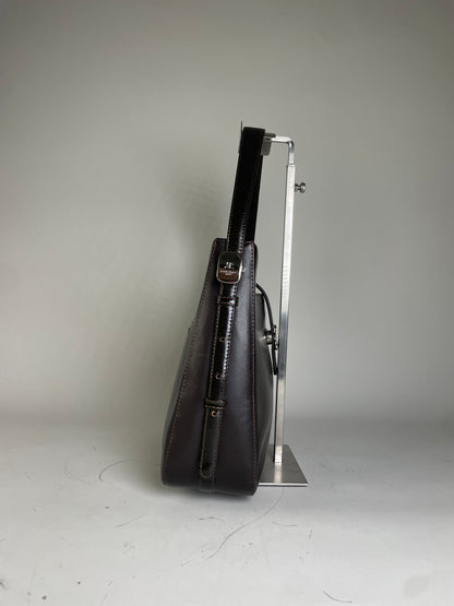 Vintage Courreges Leather Shoulder Bag Dark Brown Silver Buckle