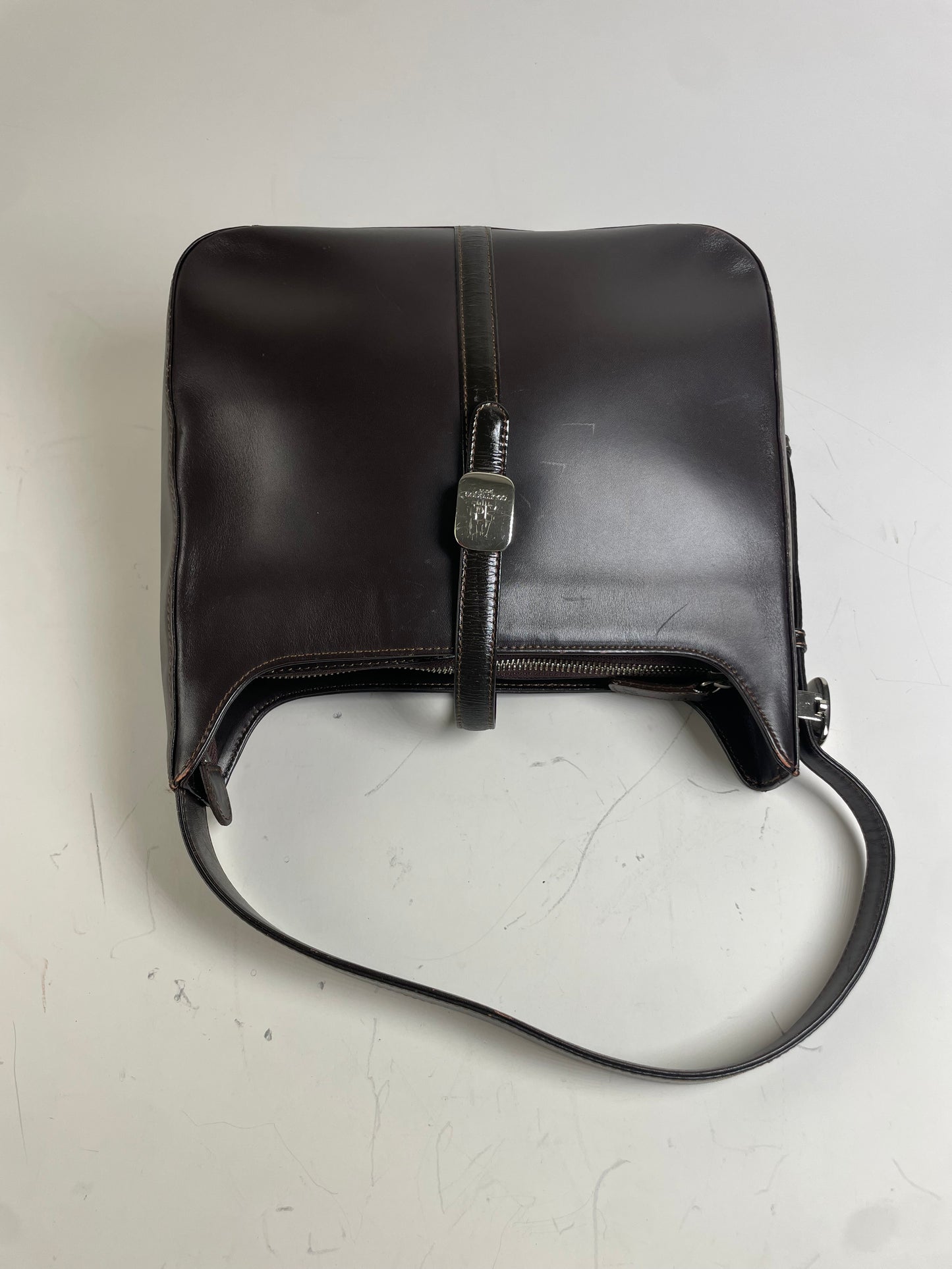 Vintage Courreges Leather Shoulder Bag Dark Brown Silver Buckle
