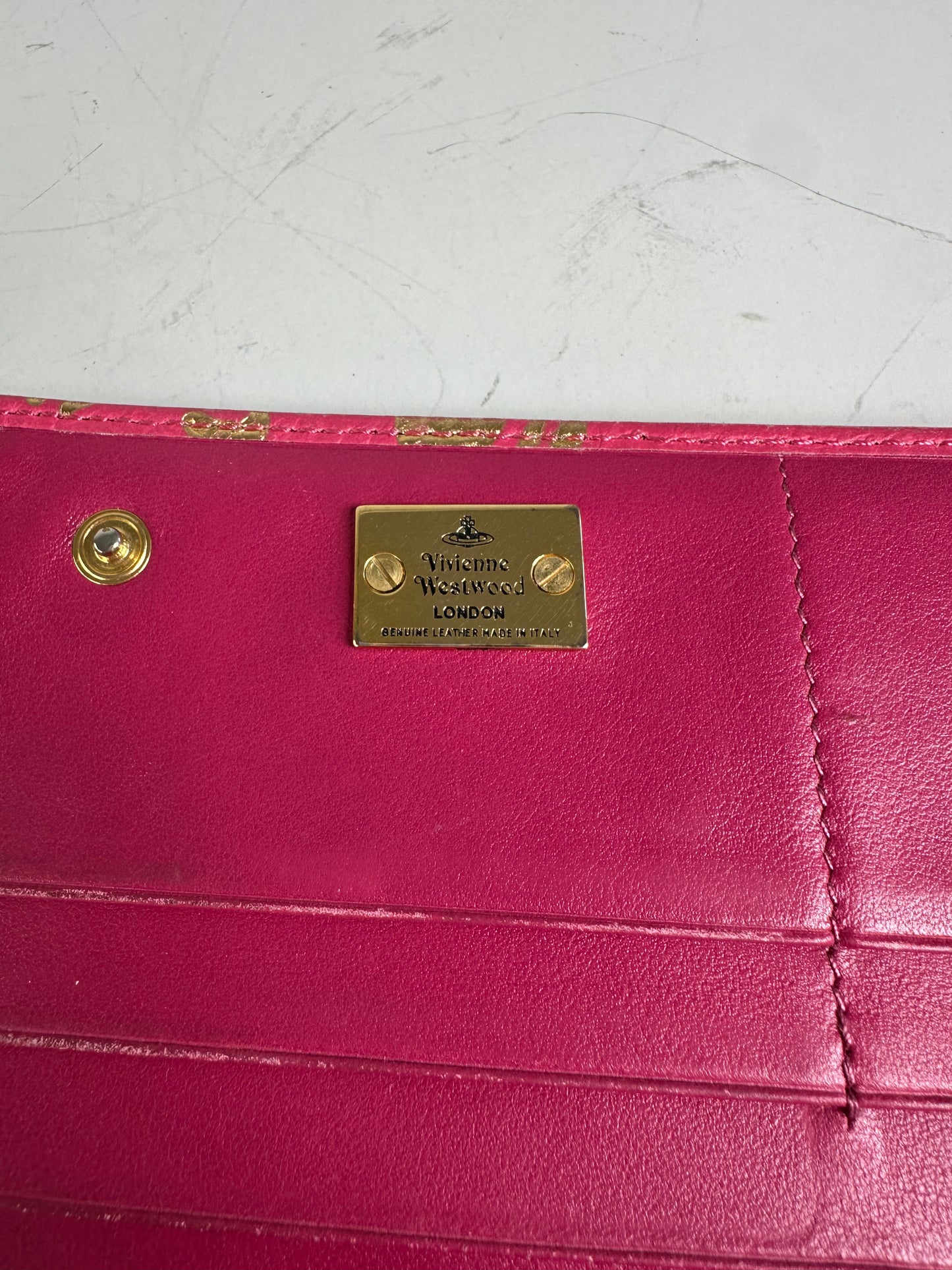 Vintage Vivienne Westwood Printed Leather Wallet Pink Gold