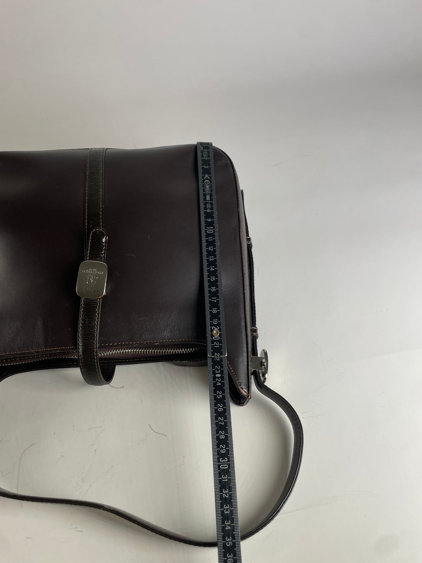 Vintage Courreges Leather Shoulder Bag Dark Brown Silver Buckle