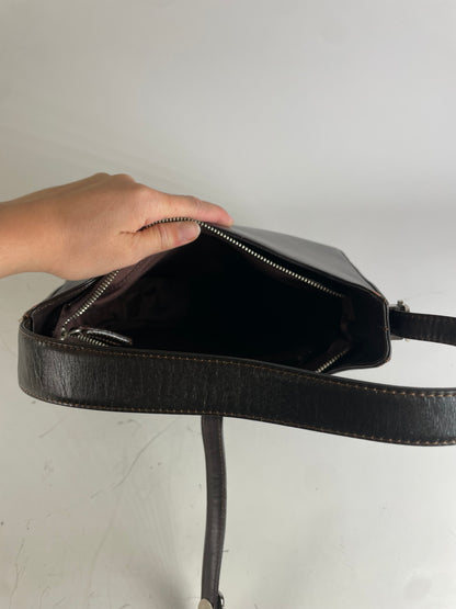 Vintage Courreges Leather Shoulder Bag Dark Brown Silver Buckle